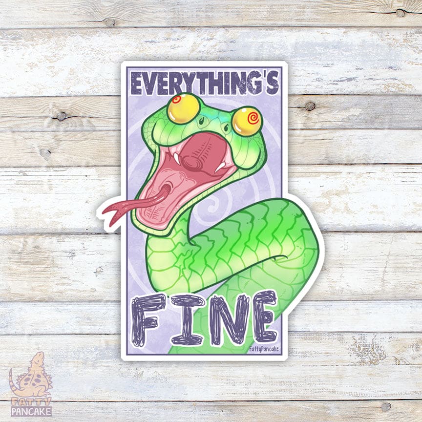 Image shows cartoony boomslang snake that's bright green in color with it's mouth open wide and a goofy expression on it's face. The words, "Everything's Fine" displays on the top and bottom of the image.