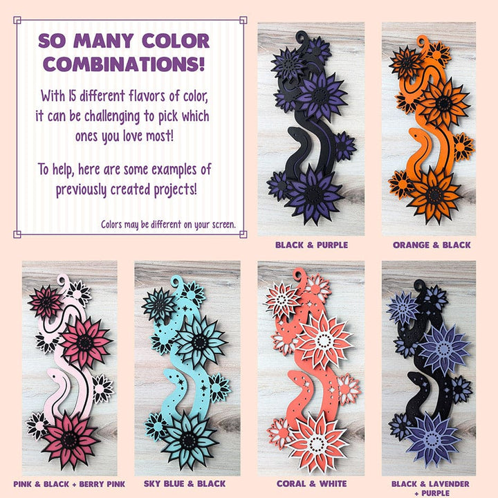 This image shows different color variants to inspire you! From top to bottom, left to right: black and purple, orange and black, pink and black plus berry pink flowers, sky blue and black, coral and white, black and lavender plus purple flower.