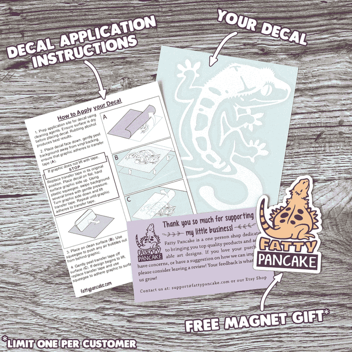 Image shows the items included in every decal order from Fatty Pancake. You will receive instructions on how to apply your decal, the decal(s), a Thank you card, and all new customers receive a free magnet.