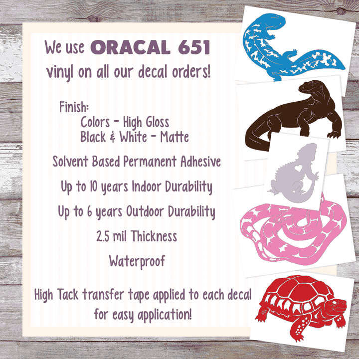 Image highlights the materials used for Fatty Pancakes decal collection. We use Oracal 651 permanent vinyl that are cold and heat resistant, waterproof, and can last 10 years indoors and 6 years outdoors.