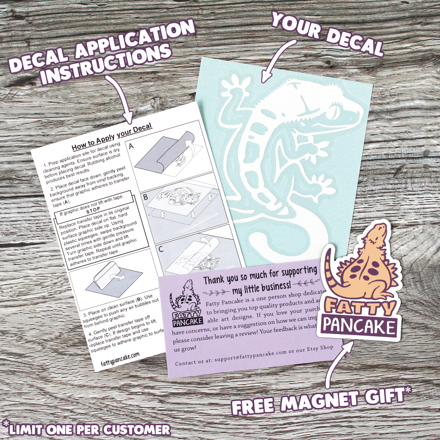 Image shows the items included in every decal order from Fatty Pancake. You will receive instructions on how to apply your decal, the decal(s), a Thank you card, and all new customers receive a free magnet.