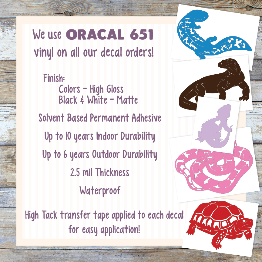 Image highlights the materials used for Fatty Pancakes decal collection. We use Oracal 651 permanent vinyl that are cold and heat resistant, waterproof, and can last 10 years indoors and 6 years outdoors.