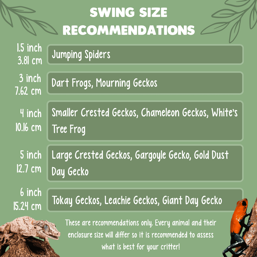 This infographic is a recommendation for what size animals can use which size swing. 1.5 Inch: Jumping Spiders. 3 inch: dart frogs and small lizards like mourning geckos. 4 inch: small crested geckos, white's tree frogs, chameleon geckos. 5 inch: larger crested gecko, gargoyle geckos, gold dust day gecko. 6 inch: tokay geckos, leachie geckos, and giant day geckos.