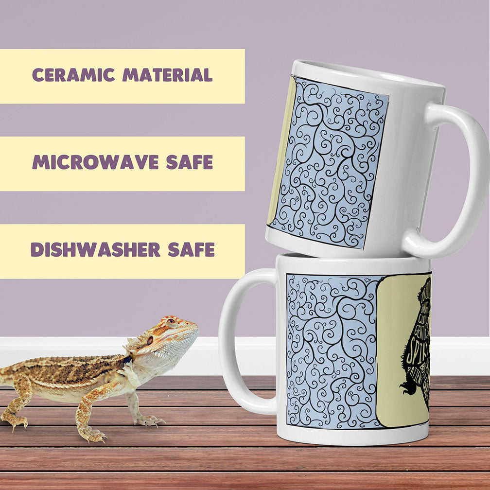 A blue ceramic mug stacked to show both the right and left side of the mug resting on a wood surface with text reading, "Ceramic Material", "Microwave Safe", and "Dishwasher Safe".