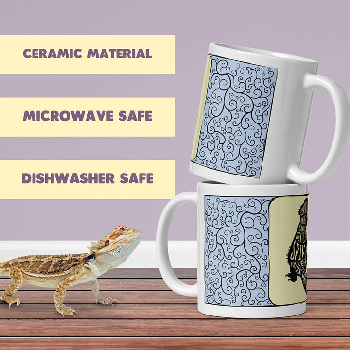 A blue ceramic mug stacked to show both the right and left side of the mug resting on a wood surface with text reading, "Ceramic Material", "Microwave Safe", and "Dishwasher Safe".