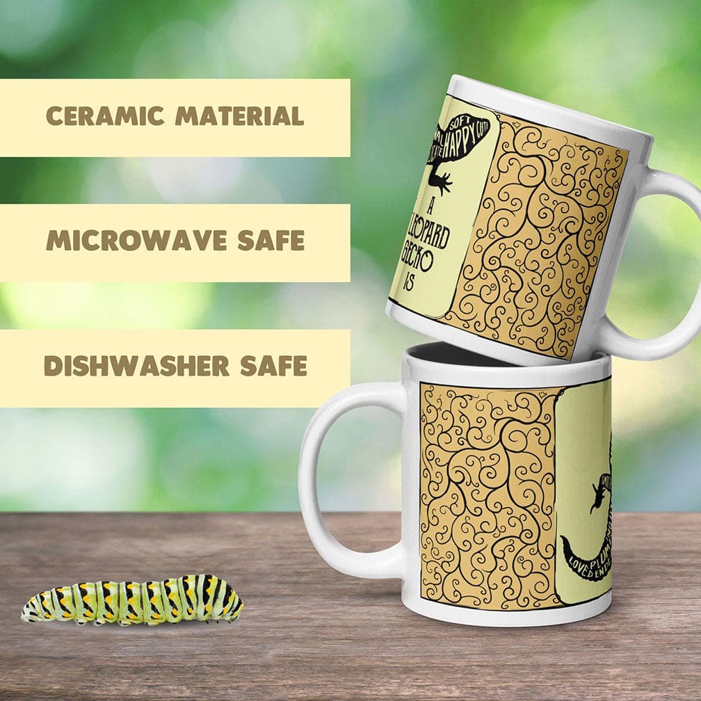Two stacked yellow mugs with text on the left side that reads, "Ceramic Material", "Microwave Safe", and "Dishwasher Safe".