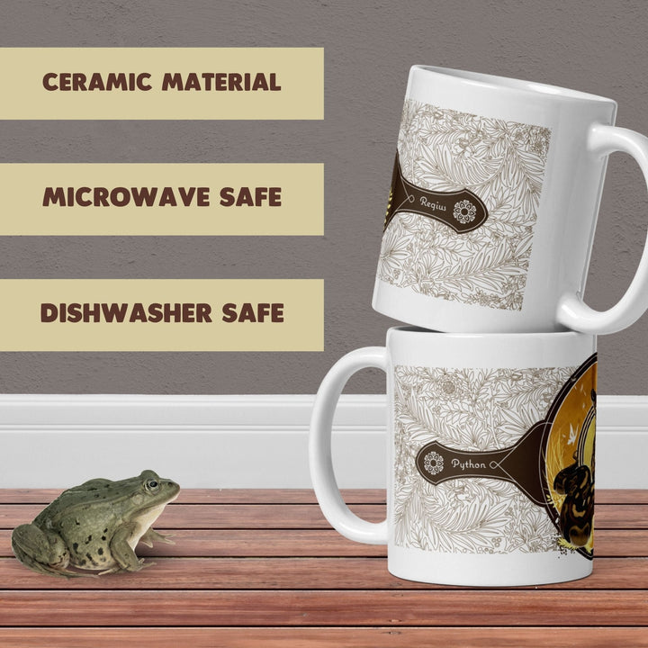 Two white ceramic mugs stacked vertically, featuring a brown botanical line art pattern and a circular graphic with the text &