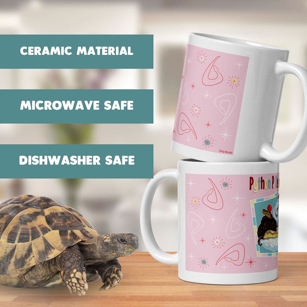 Two mugs stacked on top of each other sitting on a table with a turtle next to the items. The text Ceramic Material, Microwave Safe, and Dishwasher Safe are printed on the left side of the image.