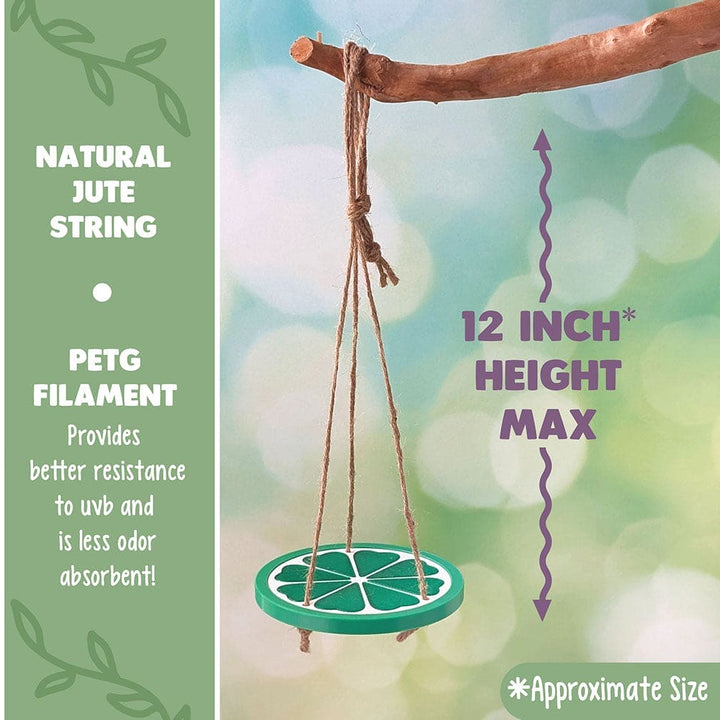 Decorative reptile or frog swing of a plastic lime slice hanging from a branch with a blurred natural background. Text reads: Natural Jute String and PETG Filament: Provides better resistance to UVB and less odor absorbent.