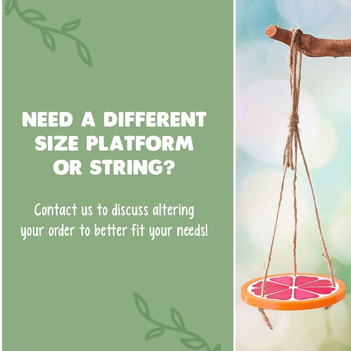 Infographic saying if you need a different size platform, message us and we will work with you. The image is green on the left side with an orange swing on the right hand side of the image.