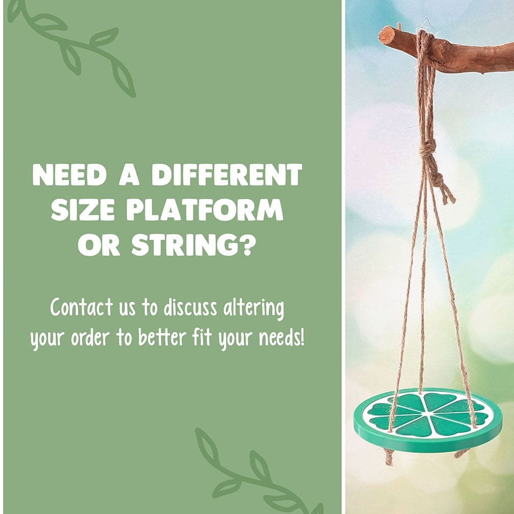 Infographic saying if you need a different size platform, message us and we will work with you. The image is green on the left side with a lime swing on the right hand side of the image.