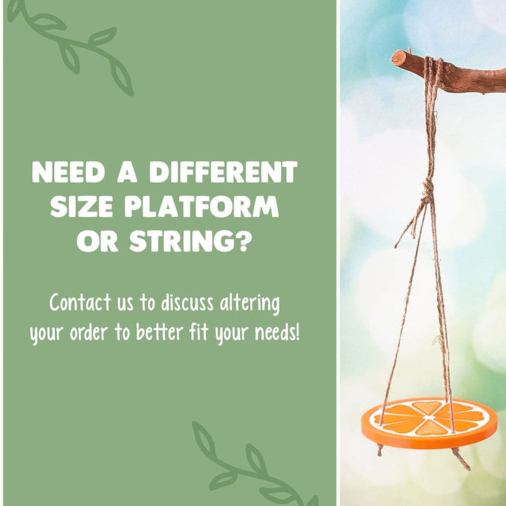 Infographic saying if you need a different size platform, message us and we will work with you. The image is green on the left side with an orange swing on the right hand side of the image.