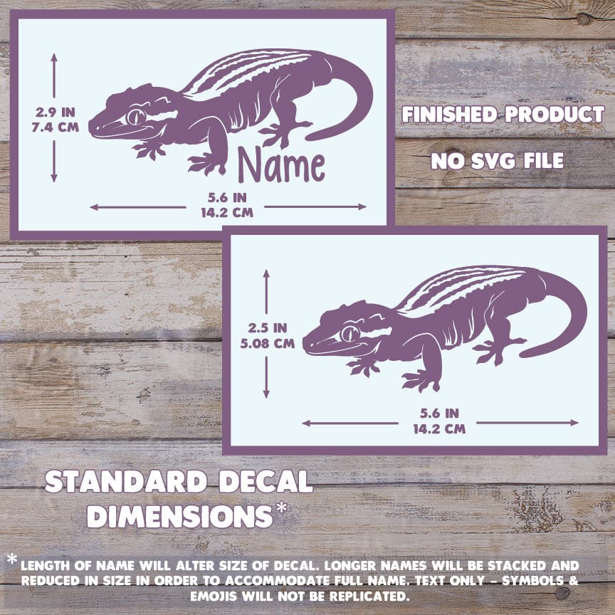 A digital graphic showing two Gargoyle Gecko decal sizes on a rustic wood background. The max size for the named decal is 5.6 inches wide and 2.9 inches tall.