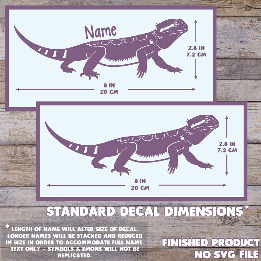 A decal design preview showing a purple bearded dragon silhouette with dimension arrows and text indicating standard decal dimensions. Two versions are shown on a wood plank background, one labeled for a name and one without, with additional text stating finished product no SVG file. Max size is 8 inches long by 2.8 inches tall.