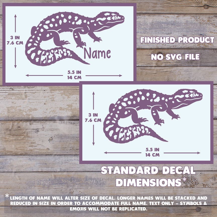 The image depicts 2 Leopard Gecko decals with their dimensions on a wooden background. Text states this is a finished product and the dimensions are standard size. Max dimension size with name is 3 inches tall by 5.5 Inches wide.