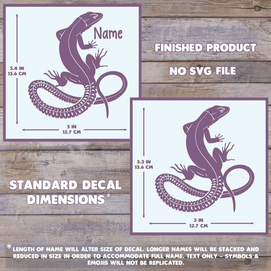 The image depicts 2 Green Keeled Belied Lizard decals with their dimensions on a wooden background. Text states this is a finished product and the dimensions are standard size. Max dimension size with name is 5.4 inches tall by 5 Inches wide.