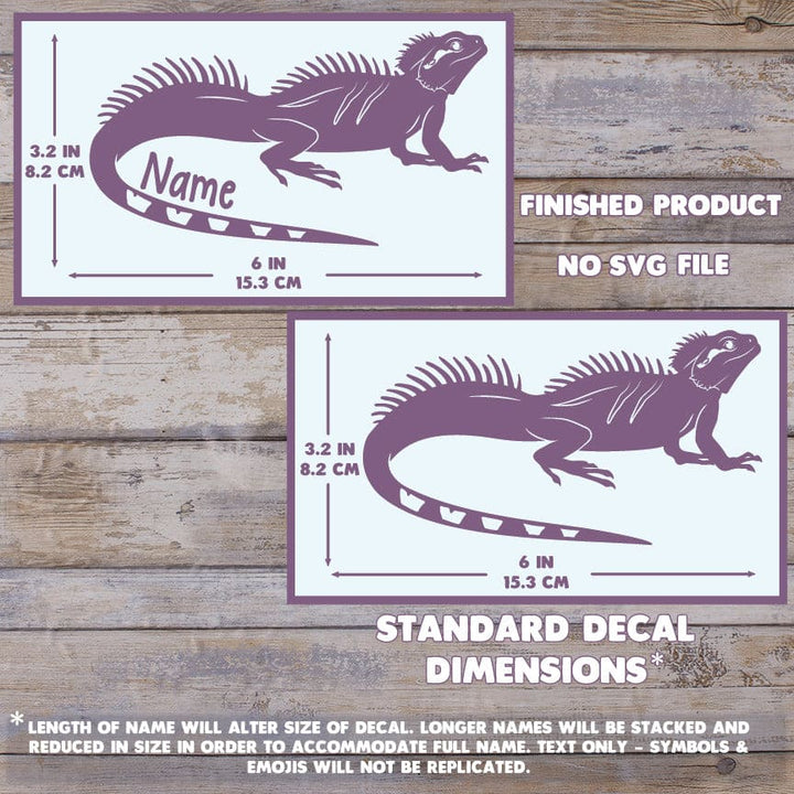 The image depicts 2 Chinese Water Dragon decals with their dimensions on a wooden background. Text states this is a finished product and the dimensions are standard size. Max dimension size with name is 3.2 inches tall by 6 Inches wide.