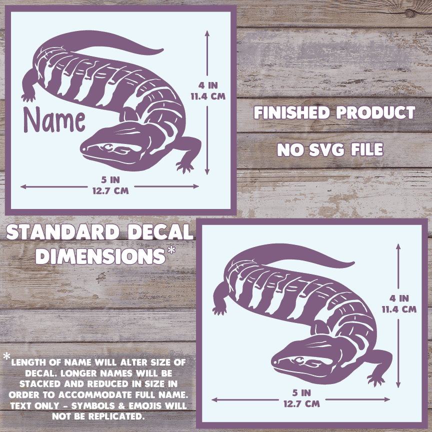 A decal design preview showing a purple blue tongue skink lizard silhouette with dimension arrows and text indicating standard decal dimensions. Two versions are shown on a wood plank background, one labeled for a name and one without, with additional text stating finished product no SVG file. Max size is 5 inches long by 4 inches tall.