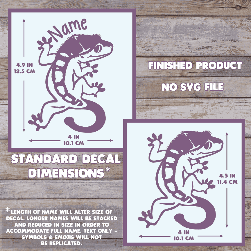 A decal design preview showing a purple crested gecko silhouette with dimension arrows and text indicating standard decal dimensions. Two versions are shown on a wood plank background, one labeled for a name and one without, with additional text stating finished product no SVG file. Max size is 4.9 inches long by 4 inches tall.