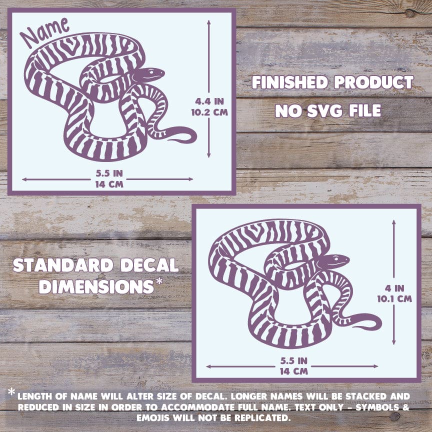 The image depicts 2 Woma Python decals with their dimensions on a wooden background. Text states this is a finished product and the dimensions are standard size. Dimensions are 4.4 inches tall by 5.5 Inches wide.