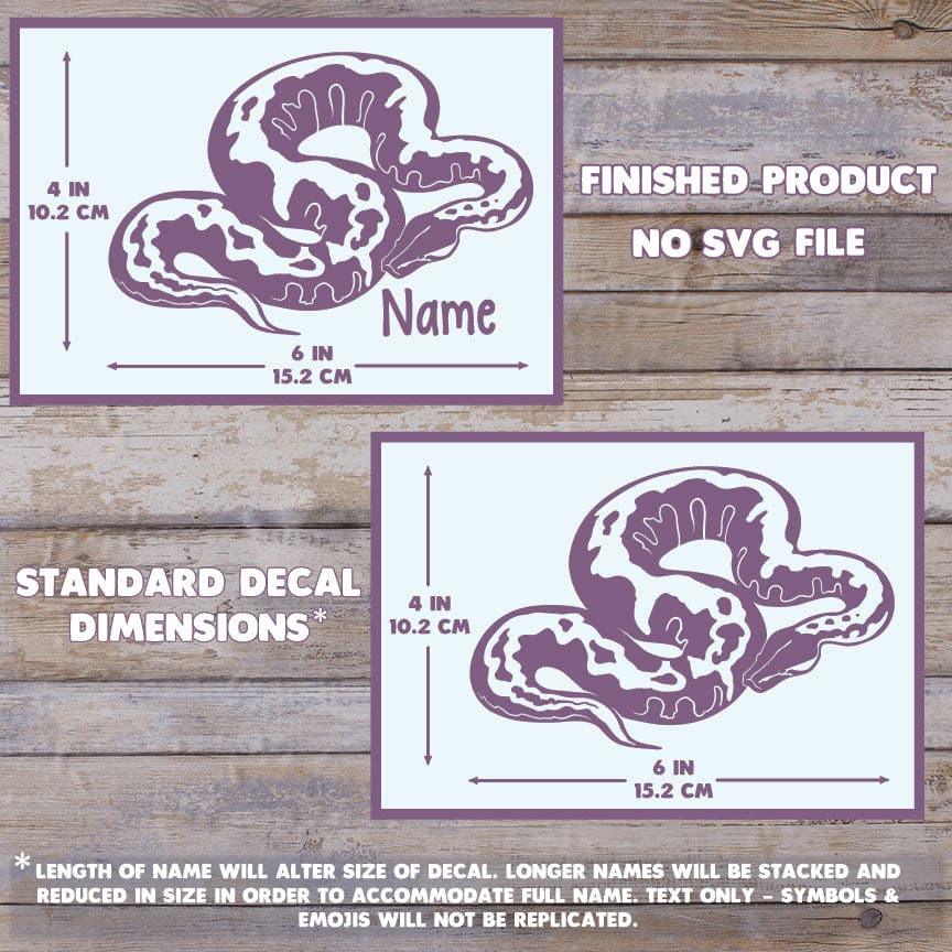 A decal design preview showing a purple blood python snake silhouette with dimension arrows and text indicating standard decal dimensions. Two versions are shown on a wood plank background, one labeled for a name and one without, with additional text stating finished product no SVG file. Max size is 6 inches long by 4 inches tall.