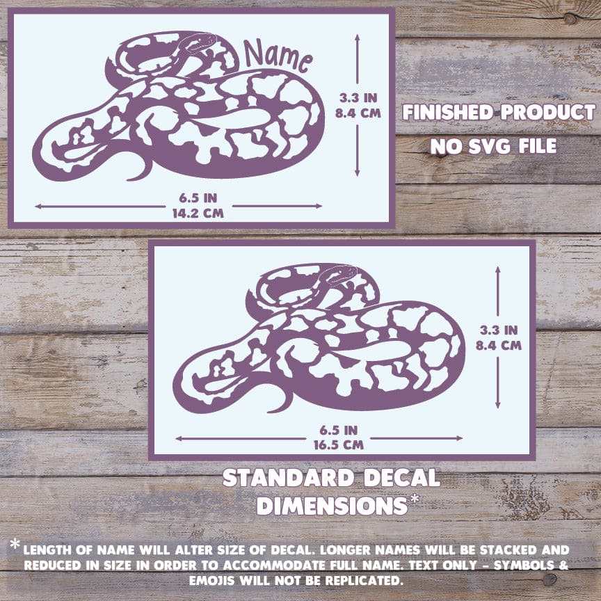 The image depicts 2 Burmese Python decals with their dimensions on a wooden background. Text states this is a finished product and the dimensions are standard size. Dimensions are 3.3 inches tall by 6.5 Inches wide.