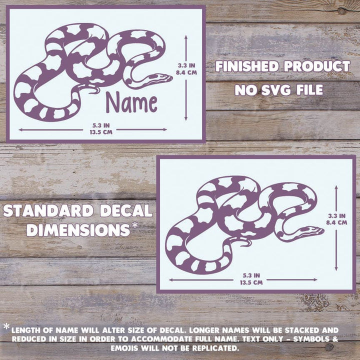 Corn snake decal dimensions showing the measurements of the decal with a name and without. Both are 3.3 inches tall and 5.3 inches wide.