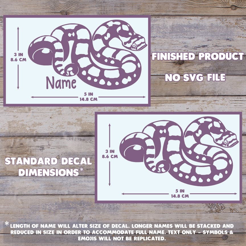 Two snake decals with dimensions and text on a wooden background. The hognose snake decal is 3 inchs tall and 5 inchs wide.