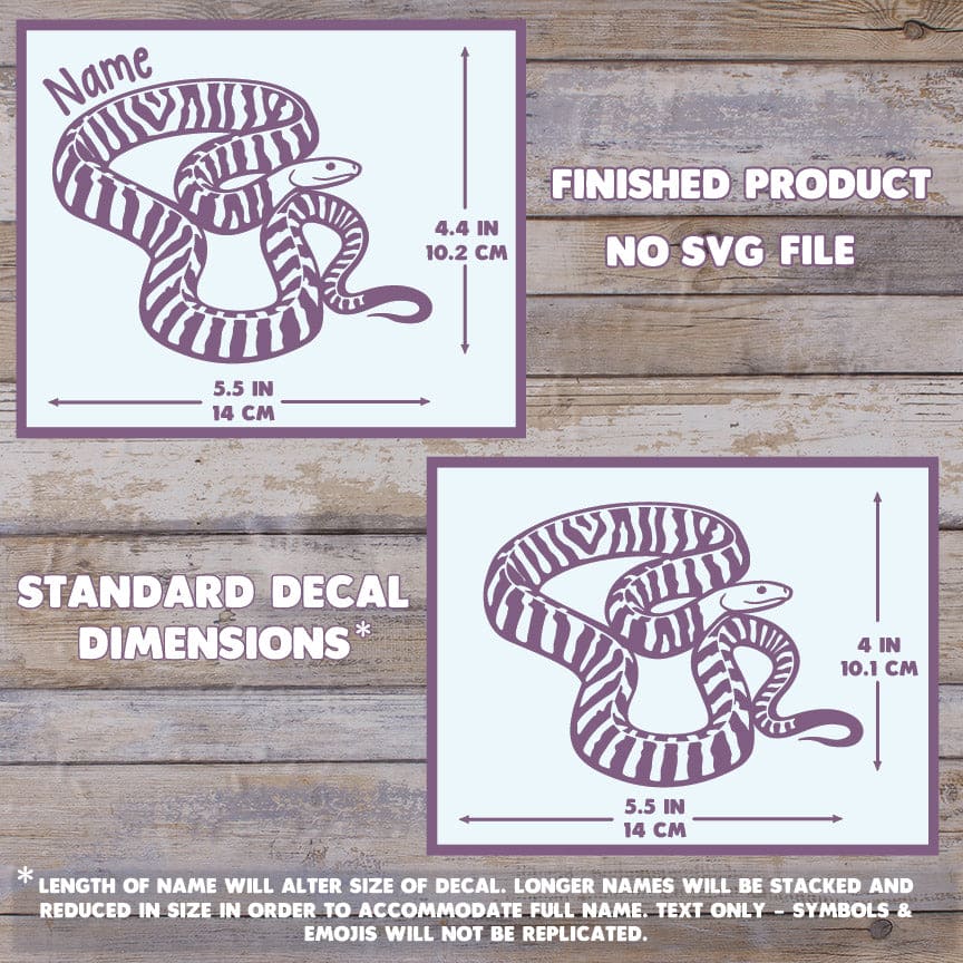 The image depicts 2 Black Headed Python decals with their dimensions on a wooden background. Text states this is a finished product and the dimensions are standard size. Dimensions are 4.4 inches tall by 5.5 Inches wide.