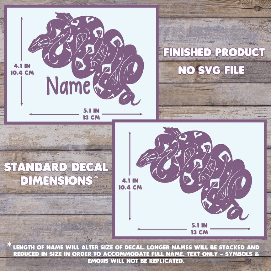 The image depicts 2 Amazon Tree Boa decals with their dimensions on a wooden background. Text states this is a finished product and the dimensions are standard size. Dimensions are 4.1 inches tall by 5.1 Inches wide.