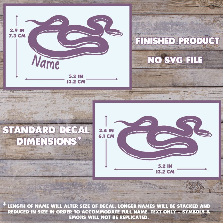 The image depicts 2 African House Snake decals with their dimensions on a wooden background. Text states this is a finished product and the dimensions are standard size. Dimensions are 2.9 inches tall by 5.2 Inches wide.