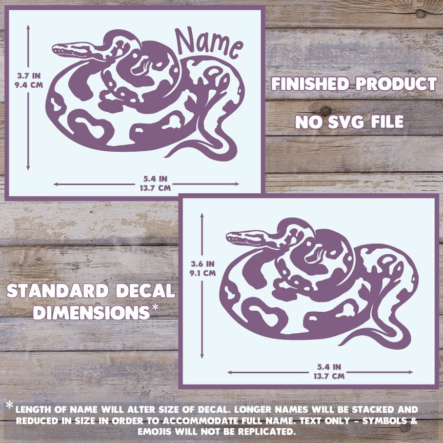 A product information graphic showing two Ball Python decals with printed dimensions and text reading 'Standard Decal Dimensions' and 'Finished Product No SVG File,' set over a rustic wood plank background. The max size is 3.7 inches (h) x 5.4 inches (w).