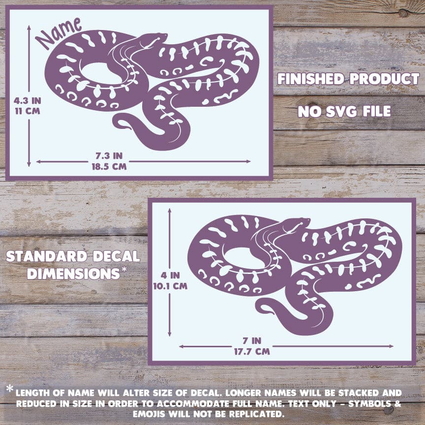 The image depicts 2 Anaconda decals with their dimensions on a wooden background. Text states this is a finished product and the dimensions are standard size. Dimensions are 4.3 inches tall by 7.3 Inches wide.
