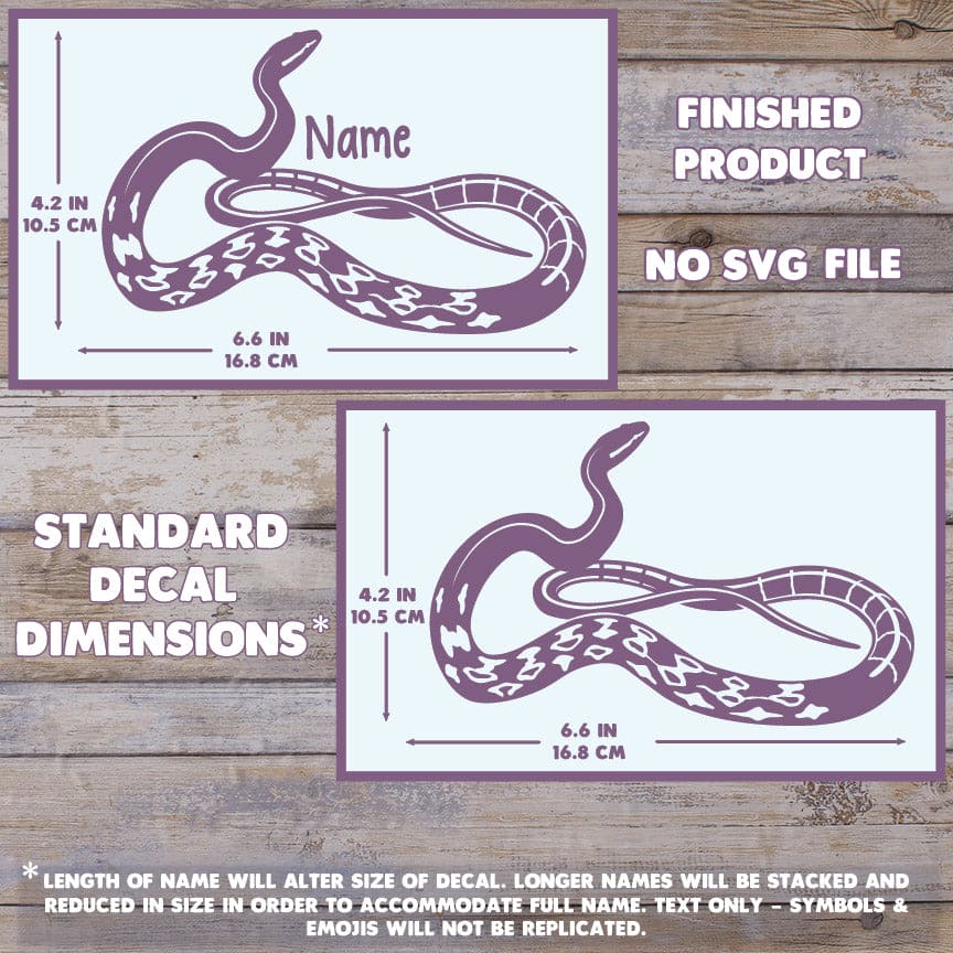 The image depicts 2 Beauty Rat Snake decals with their dimensions on a wooden background. Text states this is a finished product and the dimensions are standard size. Max dimension size with name is 4.2 inches tall by 6.6 Inches wide.