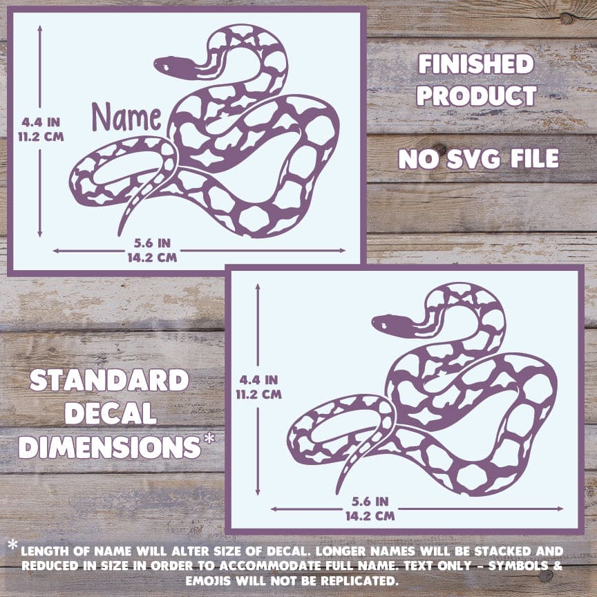The image depicts 2 Texas Rat Snake decals with their dimensions on a wooden background. Text states this is a finished product and the dimensions are standard size. Max dimension size with name is 4.4 inches tall by 5.6 Inches wide.