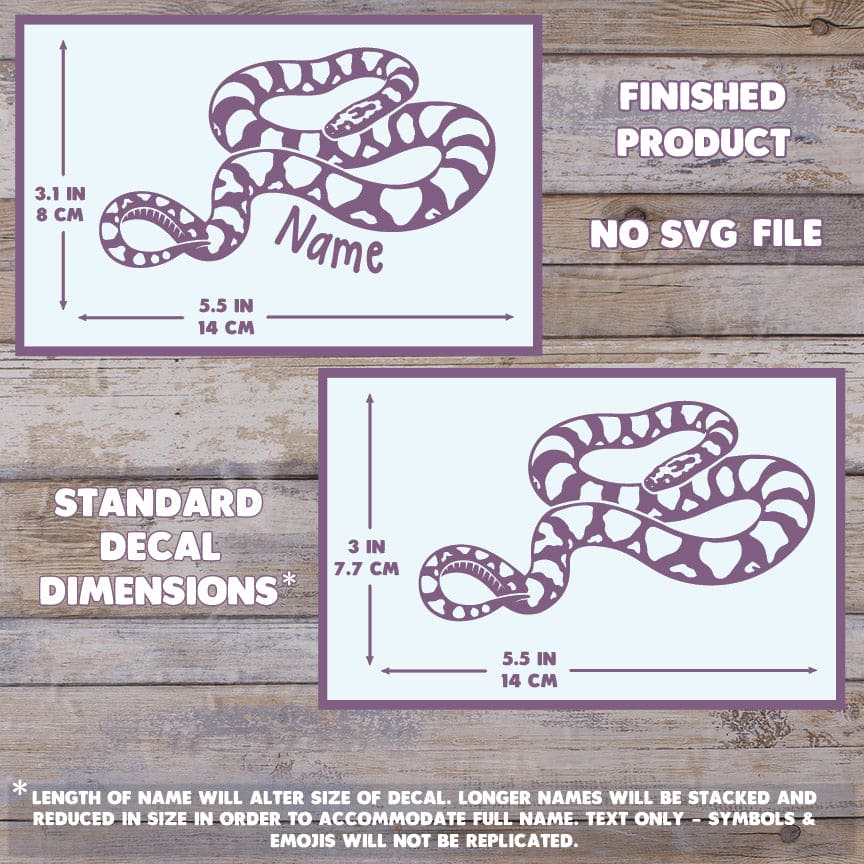 Two snake-shaped decals with dimensions and text on a wooden background. Dimensions read 3.1 inches high by 5.5 inches wide.