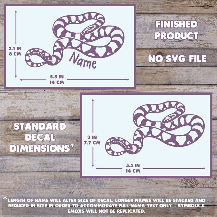 Two snake-shaped decals with dimensions and text on a wooden background. Dimensions read 3.1 inches high by 5.5 inches wide.