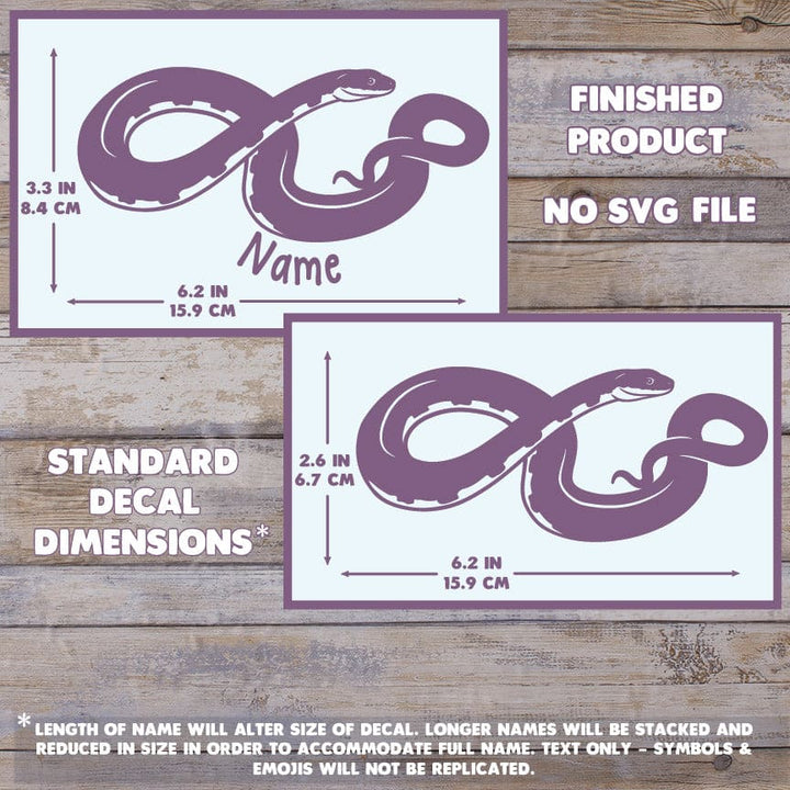 Graphic shows the scale of the Black Rat Snake decal: With a Name Added it measures 3.3 inches high and 6.2 inches wide, and with No Name it measures 2.6 inches high and 6.2 inches wide. This is for a finished product and no SVG file is provided. No emojis or symbols are replicated in names, only text or numbers permitted.