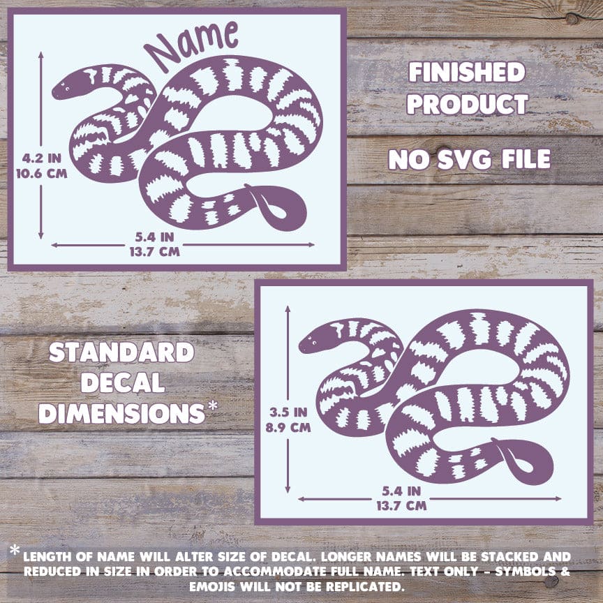 Snake decal with dimensions and text on a wooden background. Dimensions are 4.2 in tall by 5.4 inch wide.