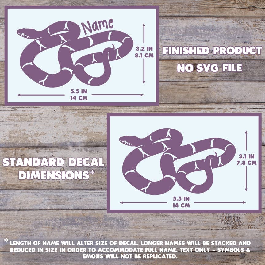 The image depicts 2 Russian Rat Snake decals with their dimensions on a wooden background. Text states this is a finished product and the dimensions are standard size. Max dimension size with name is 5.5 inches tall by 3.2 Inches wide.