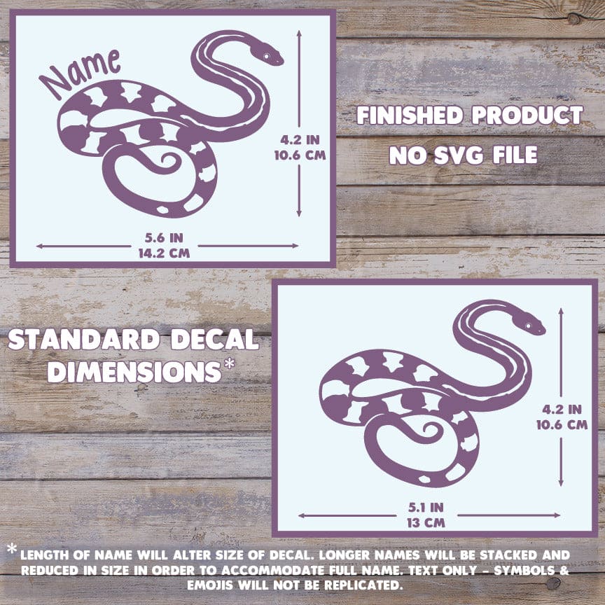 The image depicts 2 Trans Pecos Rat Snake decals with their dimensions on a wooden background. Text states this is a finished product and the dimensions are standard size. Max dimension size with name is 4.2 inches tall by 5.6 Inches wide.