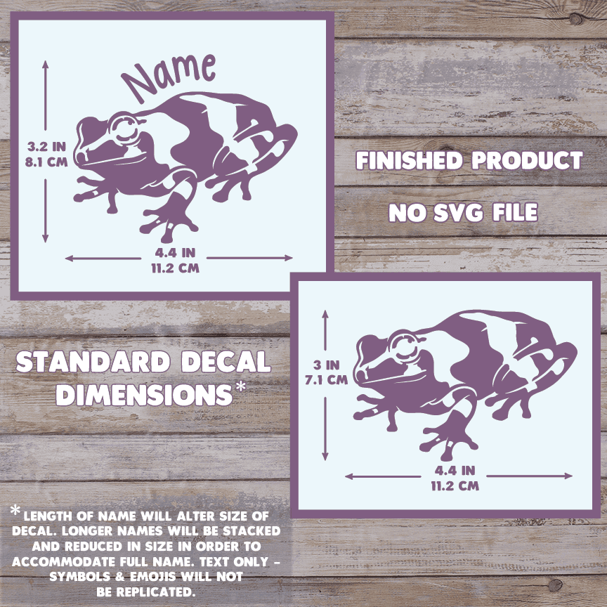 The image depicts 2 Amazon Milk Frog decals with their dimensions on a wooden background. Text states this is a finished product and the dimensions are standard size. Dimensions are 3.2 inches tall by 4.4 Inches wide.