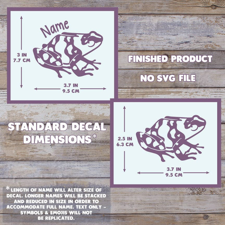 Graphic shows the scale of the Bumblebee Dart frog decal: With a Name it measures 3 inches tall and 3.7 inches wide and without a name it's 2.5 inches tall and 3.7 inches wide. This is for a finished product and no SVG file is provided. No emojis or symbols are replicated in names, only text or numbers permitted.
