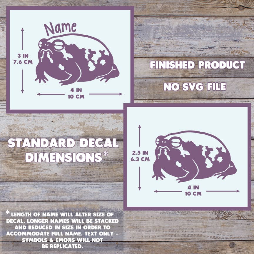 Graphic shows the scale of the desert frog decal: With a Name it measures 3 inches tall and 4 inches wide and without a name included it's 2.5 inches tall and 4 inches wide. This is for a finished product and no SVG file is provided. No emojis or symbols are replicated in names, only text or numbers permitted.