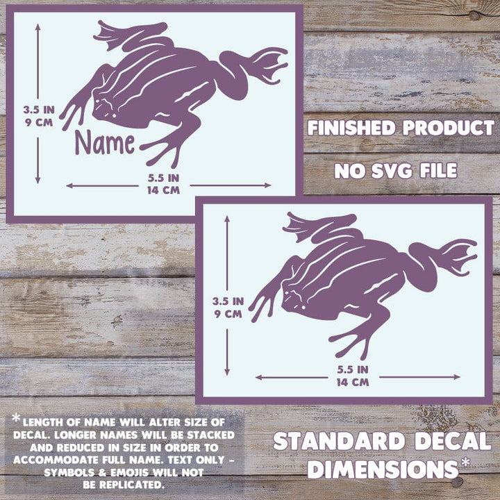 Graphic shows the scale of the Surinam Toad decal: Both with a Name Added and No Name it measures 3.5 inches tall and 5.5 inches wide. This is for a finished product and no SVG file is provided. No emojis or symbols are replicated in names, only text or numbers permitted.