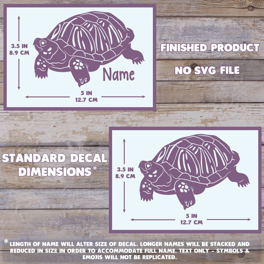 The image depicts 2 Western Box Turtle decals with their dimensions on a wooden background. Text states this is a finished product and the dimensions are standard size. Dimensions are 3.5 inches tall by 5 Inches wide.