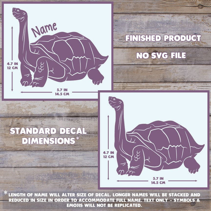 Purple tortoise decal with dimensions and text on a wooden background. Dimensions are 4.7 inch high by 5.7 inch wide.