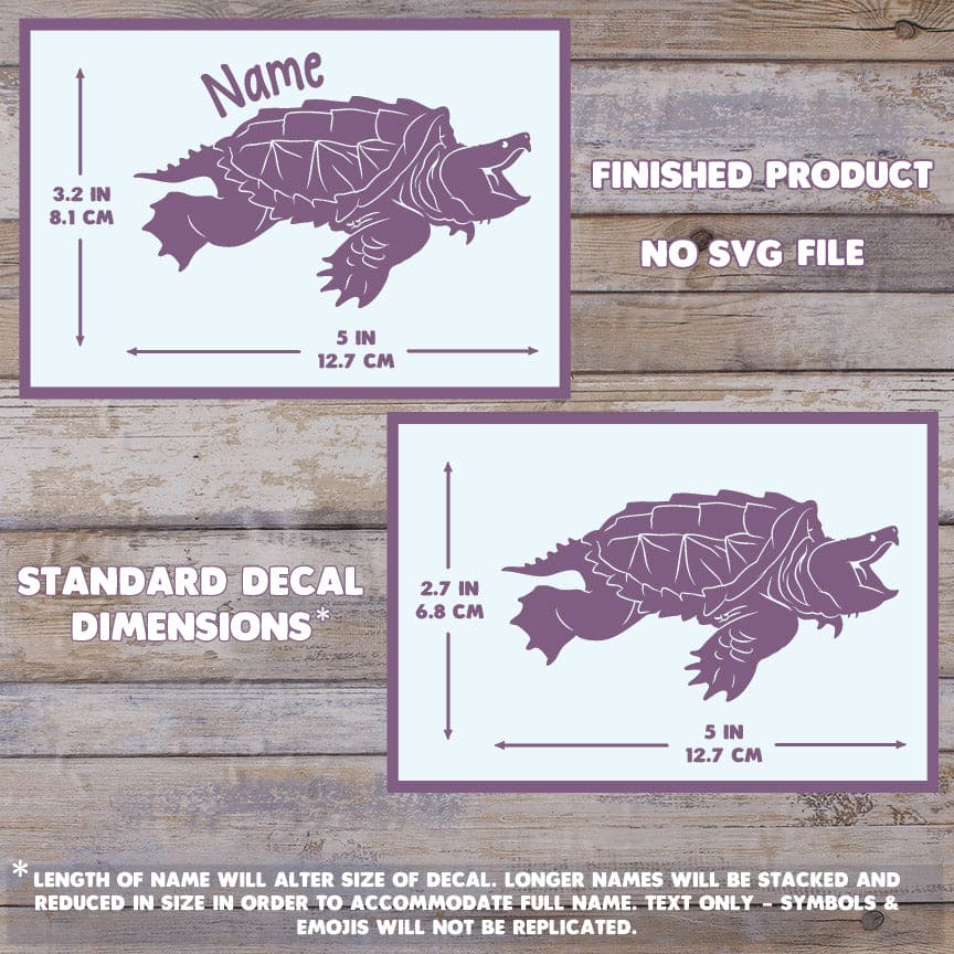 The image depicts 2 Alligator Snapping Turtle decals with their dimensions on a wooden background. Text states this is a finished product and the dimensions are standard size. Dimensions are 4.4 inches tall by 5.5 Inches wide.