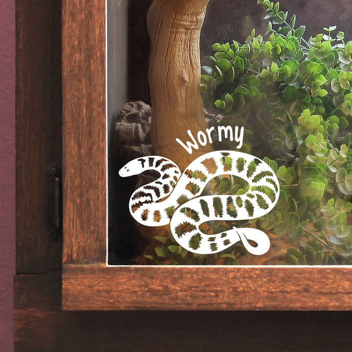 Decorative snake decal of an Arabian Sand Boa with 'Wormy' text on a glass surface with plants and wood in a reptile enclosure.