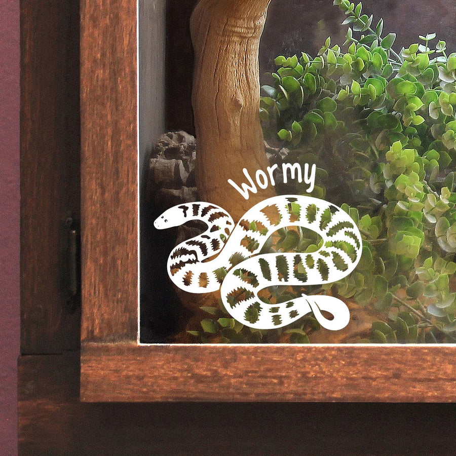 Decorative snake decal of an Arabian Sand Boa with 'Wormy' text on a glass surface with plants and wood in a reptile enclosure.